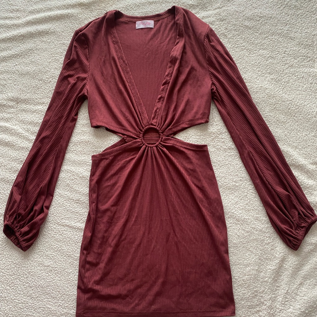 Pink Lily Rust Cutout Mini Dress | Long Sleeve Ribbed | Size Medium